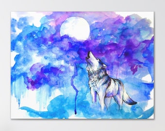 Wolf Watercolor Wall Art, Vibrant Full Moon Nature Healing Art, Women Who Run With the Wolves