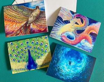 Vibrant, Inspirational Greeting Cards - Rainbow Phoenix, Rainbow Dragon, Peacock, Sea Turtle in Ocean