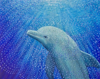 Dolphin Painting | Third Eye Chakra Art | Vibrant Blue Ocean Painting for Home