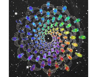 REBIRTH Winged Scarab Rainbow 108 Mandala with Constellations, Cosmic Meditative Artwork