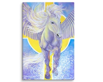 跳ねるペガサスのオリジナル木炭アートワーク - 翼のある馬ギリシャ