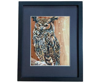 Great Horned Owl Painting, Framed Original Wall Art