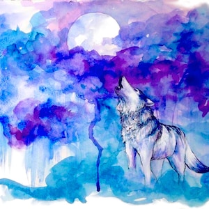 Wolf Watercolor Wall Art, Vibrant Full Moon Nature Healing Art, Women Who Run With the Wolves