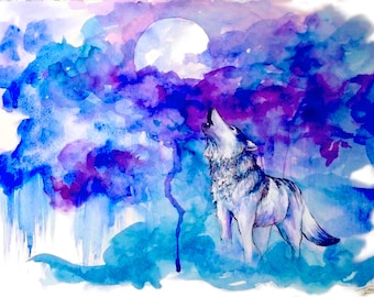 Wolf Watercolor Wall Art, Vibrant Full Moon Nature Healing Art, Women Who Run With the Wolves