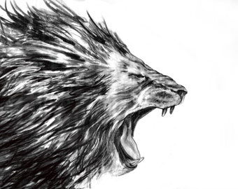 Lion Charcoal Drawing Archival Paper Print | Roaring Lion | Empowerment Artwork