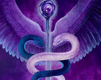 Caduceus Wand of Hermes Canvas Print, Archangel Raphael - Violet Flame Kundalini Art