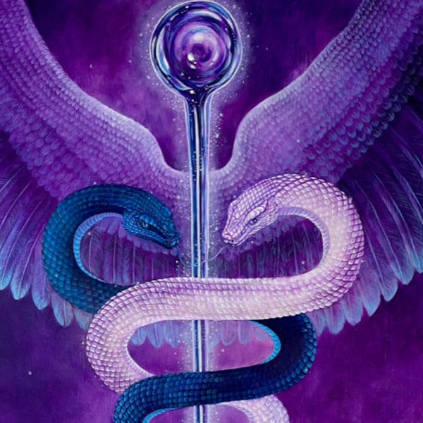 Caduceus Wand of Hermes Canvas Print, Archangel Raphael - Violet Flame Kundalini Art