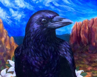 Diptyque d'art sur toile corbeau II sur II, art chamanique, paysage floral de Sedona avec oiseaux