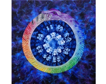 Ouroboros Paper Print | Rainbow Serpent | Shamanic Art | Healing Mandala for Rebirth & Renewal