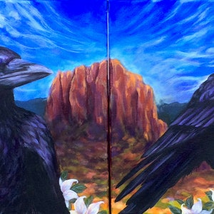 Crow Canvas Art Diptych II of II, Shamanic Art, Sedona Floral Landscape with Birds image 3