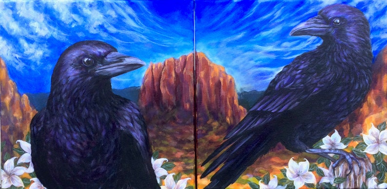 Crow Canvas Art Diptych II of II, Shamanic Art, Sedona Floral Landscape with Birds image 3