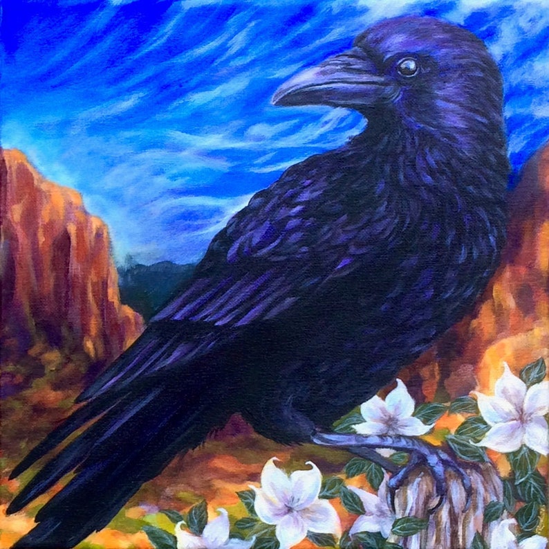 Crow Canvas Art Diptych II of II, Shamanic Art, Sedona Floral Landscape with Birds image 2