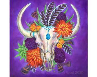 Floral Bison Skull with Lapis Beads, Cactus, Marigold & Dahlia Flowers - Healing and Abundance Paper Print