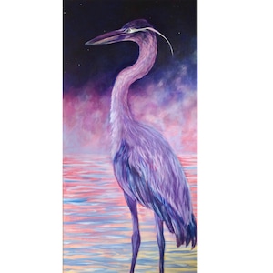 Pintura de garça, garça ao entardecer, fundo do céu noturno