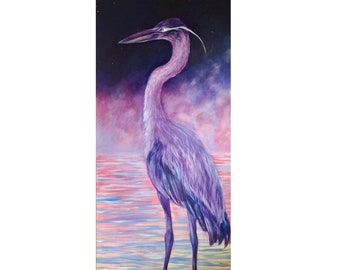 Heron Painting, Heron at Dusk, Night Sky Background