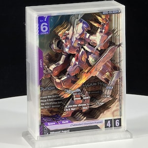 May include: A 3D shadow box trading card featuring a Gundam Lupus Rex robot illustration. The card displays text including 'Gundam', 'Lupus Rex', 'Mikazuki Augus', 'Space', 'Earth', and 'Tekkadan'. It has a level 7, cost 6, and power stats of 4 and 6.