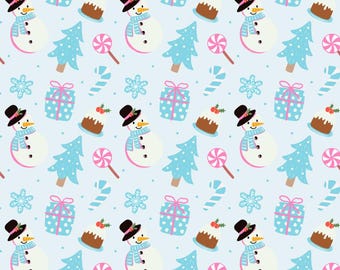Merry Christmas Snowman Pattern Cotton Fabric-Soft 100% Cotton for Kids Clothes, DIY Sewing, Quilting,Sold By Half Yard