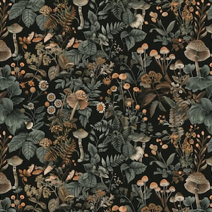 Op de afbeelding: Een gedetailleerd botanisch patroon met paddenstoelen, varens en wilde bloemen in groen, bruin en oranje tegen een zwarte achtergrond. Het ontwerp heeft een vintage, natuurlijke esthetiek, met een focus op bos elementen.