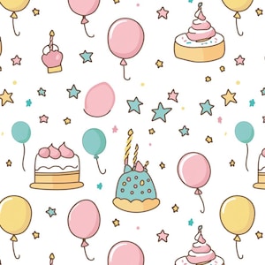 Birthday Party With Cake Pattern Celebration Birthday Cotton Fabric-Soft 100% Cotton for Kids Clothes, DIY Sewing,Sold By Half Yard