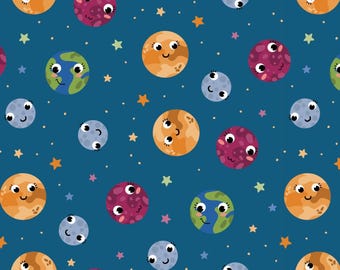 Système solaire, motif planète mignon doux 100 % coton pour vêtements d'enfants, couture à faire soi-même, courtepointe, vendu par mètre