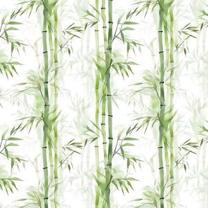May include: Watercolor illustration of bamboo stalks with green leaves against a white background. The bamboo stalks are vertical, with varying shades of green and subtle shading. The leaves are delicate and add texture to the design.