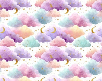 Dreamy Cloud Seamless Fabric – Pink Purple Blue Design by Half Yard for DIY Quilting