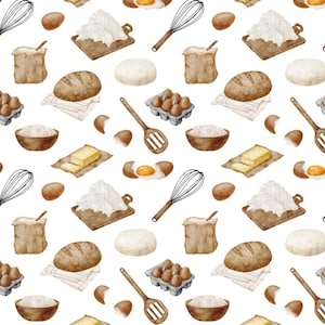 May include: Watercolor pattern featuring baking ingredients and tools. Includes eggs, flour, bread, butter, wooden spoons, whisks, and a paper bag. The design is repeated across a white background, creating a seamless pattern.