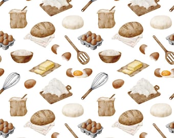 Watercolor Baking Cotton Fabric - Bread Making Design, Breathable & Fade-Resistant Sold By Half Yard