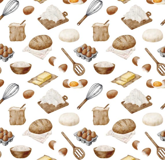 Watercolor Baking Cotton Fabric - Bread Making Design, Breathable & Fade-Resistant Sold By Half Yard