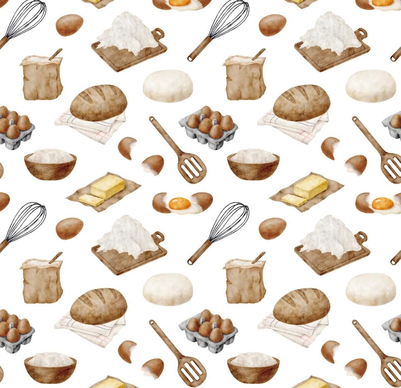 Pu&ograve; includere: Motivo acquerello ripetuto con ingredienti e strumenti per la panificazione. Include uova, farina, pane, burro, cucchiai di legno, fruste e un sacchetto di carta su sfondo bianco.