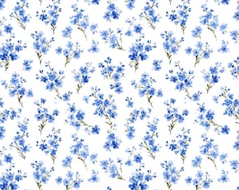 Grandmillennial Blue Floral Pattern Soft 100% Cotton for Kids Clothes, DIY Sewing, Quilting,Sold By Half Yard