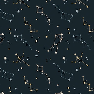 May include: A seamless pattern featuring constellations and stars in shades of gold, beige, and blue against a dark navy background. The celestial design includes various star formations and dotted lines.