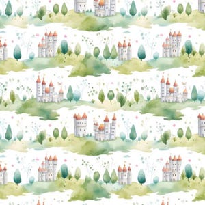 Fantasy Princess Castle Fabric, Forest Castle Cartoon Pattern Fabric Sold by Half Yard
