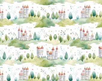 Fantasy Princess Castle Fabric, Forest Castle Cartoon Pattern Fabric Sold by Half Yard