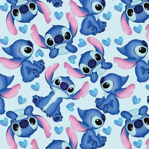 Cartoon Stitch Blue Cotton Fabric - Disney-Style Design, Breathable & Fade-Resistant Sold By Half Yard