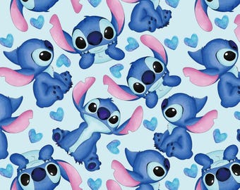 Cartoon Stitch Blue Cotton Fabric - Disney-Style Design, Breathable & Fade-Resistant Sold By Half Yard