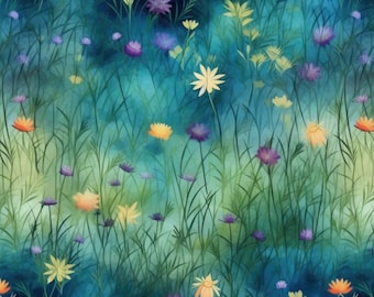 Twilight Meadow Midsummer Night Pattern Cotton Fabric-Soft 100% Cotton for Kids Clothes, DIY Sewing, Quilting,Sold By Half Yard