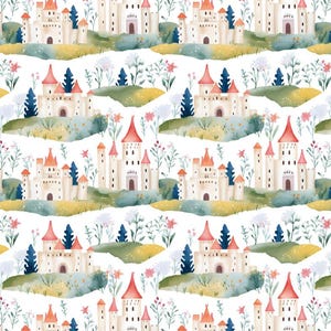 Princess Castle, Jungle Floral Castle Cartoon Pattern Fabric Sold by Half Yard