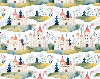 Princess Castle, Jungle Floral Castle Cartoon Pattern Fabric Sold by Half Yard