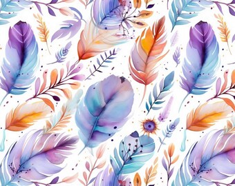 Purple Gradient Feathers Pattern Cotton Fabric,Feathers Pattern Fabric Sold by Half Yard