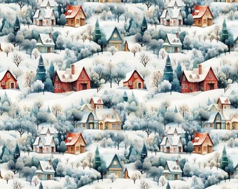Winter Village Pattern Cotton Fabric, Forest Village Cartoon Pattern Fabric Sold by Half Yard