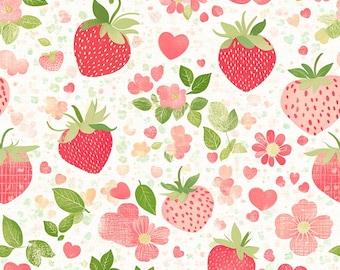 Watercolor Strawberry & Flower Seamless Fabric Print Sold By Half Yard