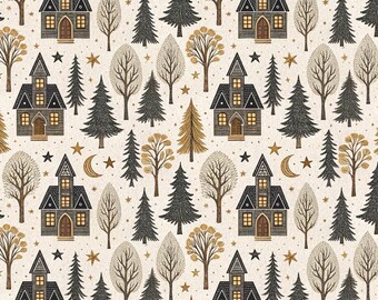 House Forest Moon Star Halloween Pattern Cotton Fabric- Sold by Half Yard