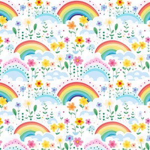 May include: A repeating pattern on a white background featuring colorful rainbows, light blue clouds, and various small flowers in shades of yellow, orange, pink, and blue, interspersed with green stems and small dots.