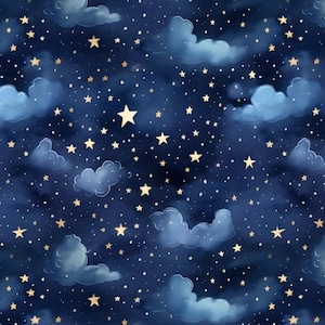Może przedstawiać: Bezszwowy wzór przedstawiający nocne niebo z ciemnoniebieskim tłem. Projekt zawiera puszyste, jasnoniebieskie chmury, liczne złote gwiazdy o różnych rozmiarach i małe białe kropki, tworząc niebiański motyw.