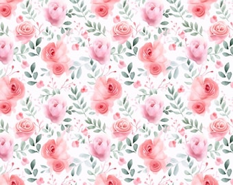 Watercolor Pink Roses Floral Pattern Pure Cotton Fabric,Soft 100% Cotton for Kids Clothes, DIY Sewing, Quilting,Sold By Half Yard