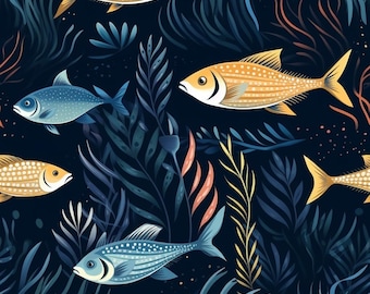 Dark Navy Ocean Fabric, Underwater Fish Seamless Cloth For Baby Sewing Crafts, Quilting,Sold By Half Yard