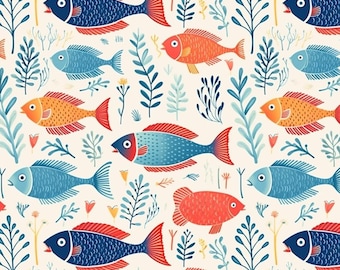 Colorful Fish Pattern Cotton Fabric-Soft 100% Cotton for Kids Clothes, DIY Sewing, Quilting,Sold By Half Yard