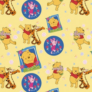 Flower Winnie Cartoon Cotton Fabric ,Soft Winnie The Pooh 100% Cotton for Kids Clothes, DIY Sewing, Quilting,Sold By Half Yard