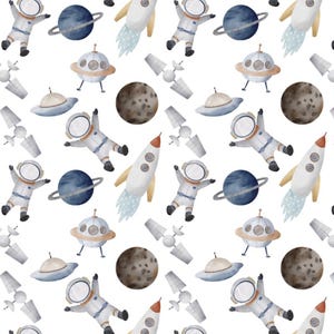 Watercolor Astronaut Pattern Cotton Fabric-Soft 100% Cotton for Kids Clothes, DIY Sewing, Quilting,Sold By Half Yard